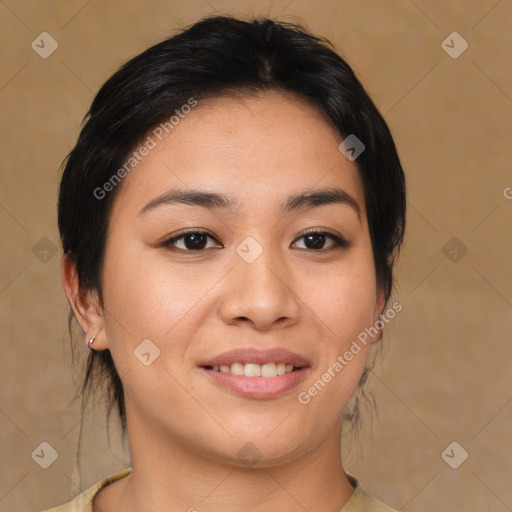 Joyful asian young-adult female with medium  brown hair and brown eyes