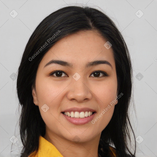 Joyful white young-adult female with long  brown hair and brown eyes