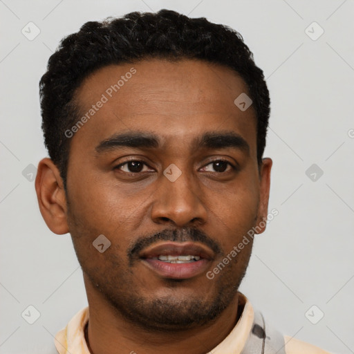 Neutral latino young-adult male with short  black hair and brown eyes