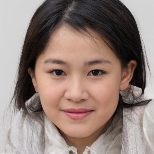 Joyful white child female with medium  brown hair and brown eyes