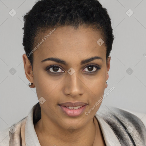 Joyful black young-adult female with short  brown hair and brown eyes