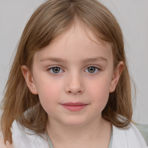 Neutral white child female with medium  brown hair and grey eyes