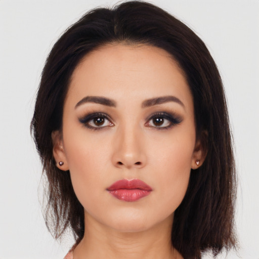 Neutral asian young-adult female with long  brown hair and brown eyes