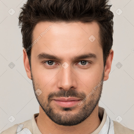 Neutral white young-adult male with short  brown hair and brown eyes