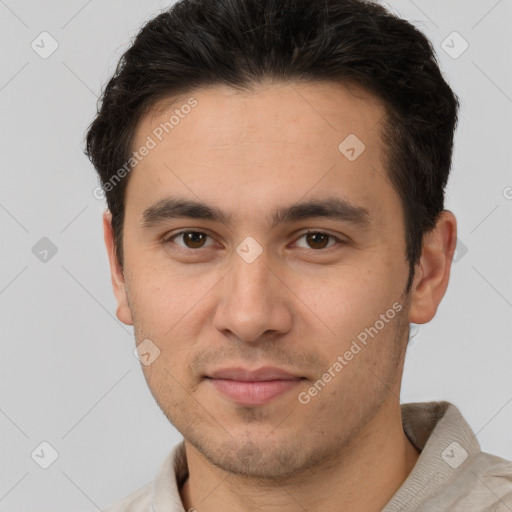 Joyful white young-adult male with short  brown hair and brown eyes