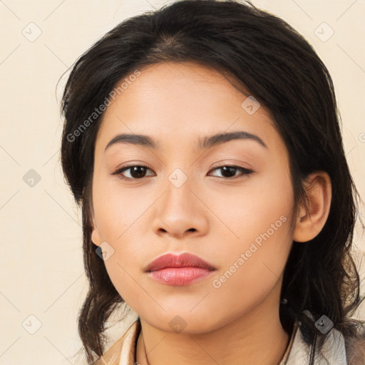 Neutral asian young-adult female with medium  brown hair and brown eyes