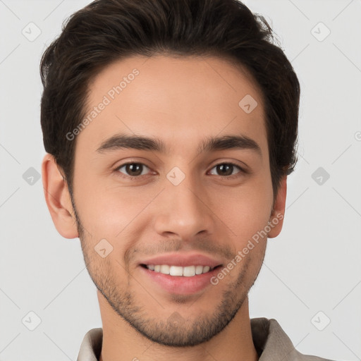 Joyful white young-adult male with short  brown hair and brown eyes