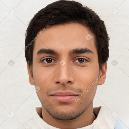 Neutral white young-adult male with short  brown hair and brown eyes