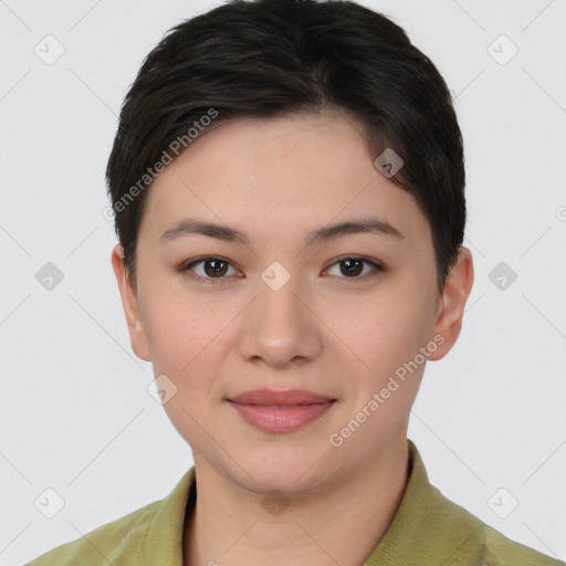 Joyful white young-adult female with short  brown hair and brown eyes