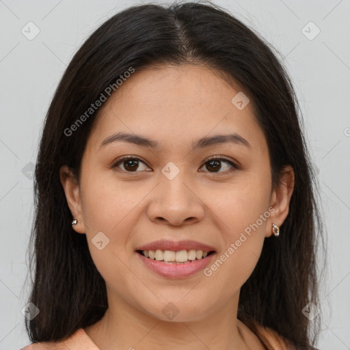 Joyful latino young-adult female with medium  brown hair and brown eyes