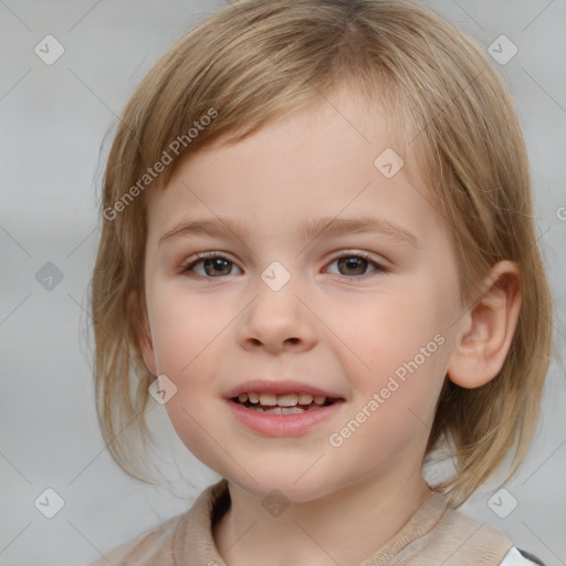 Joyful white child female with medium  brown hair and brown eyes