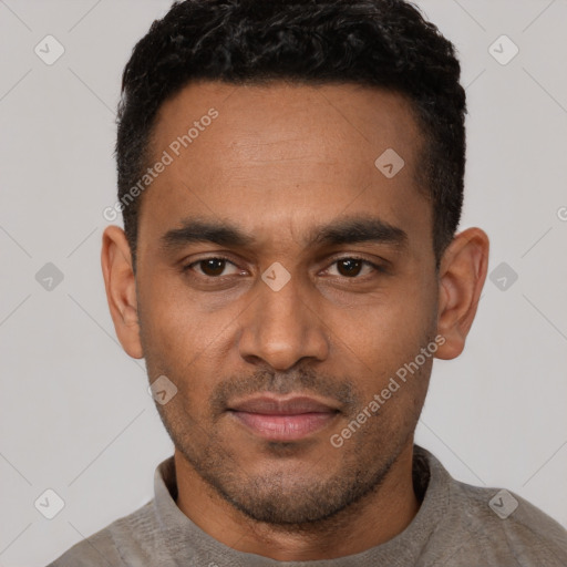 Neutral latino young-adult male with short  black hair and brown eyes