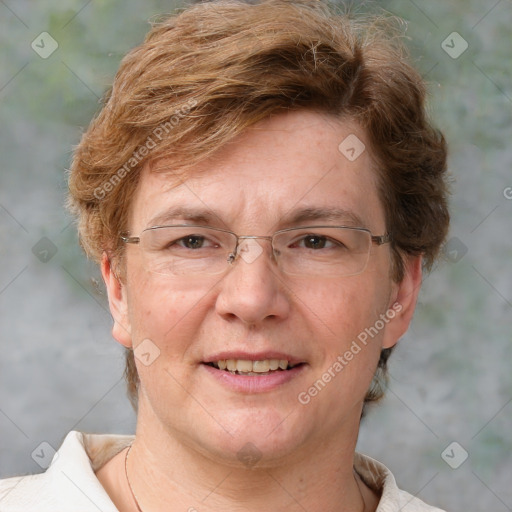 Joyful white adult female with short  brown hair and grey eyes