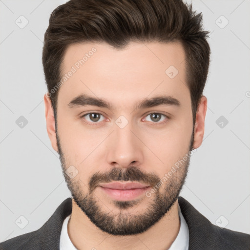 Neutral white young-adult male with short  brown hair and brown eyes