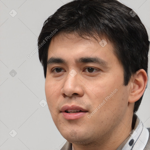 Neutral white young-adult male with short  black hair and brown eyes