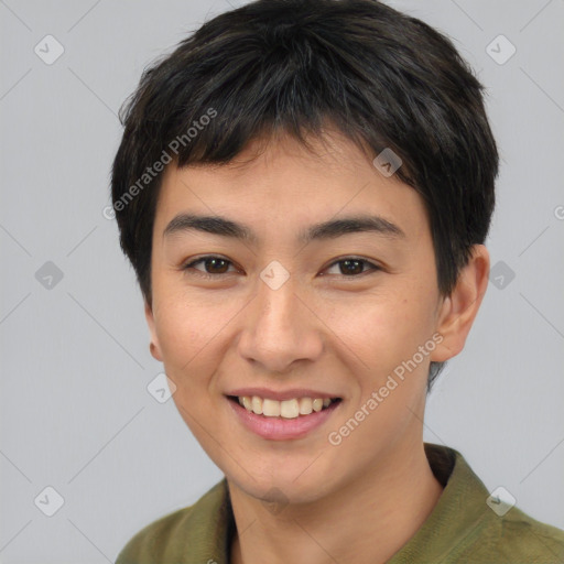 Joyful asian young-adult female with short  brown hair and brown eyes