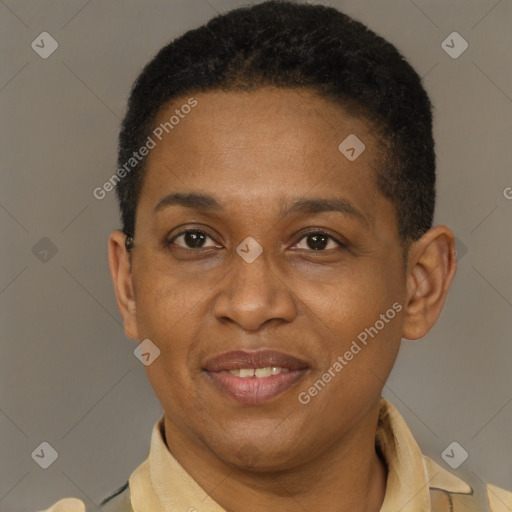 Joyful latino adult female with short  brown hair and brown eyes