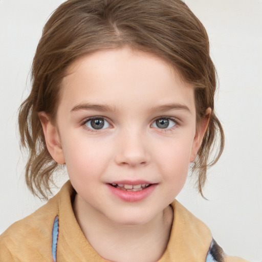 Joyful white child female with medium  brown hair and blue eyes