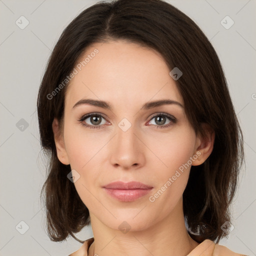 Neutral white young-adult female with medium  brown hair and brown eyes