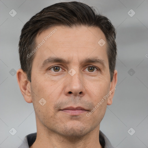 Neutral white adult male with short  brown hair and brown eyes