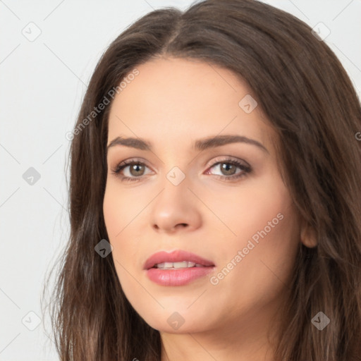 Neutral white young-adult female with long  brown hair and brown eyes