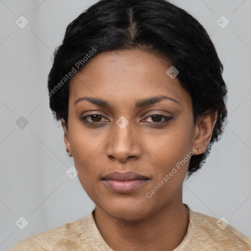 Joyful latino young-adult female with short  black hair and brown eyes