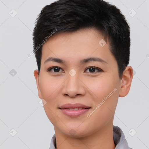 Joyful white young-adult female with short  brown hair and brown eyes