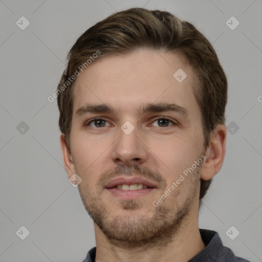 Neutral white young-adult male with short  brown hair and grey eyes