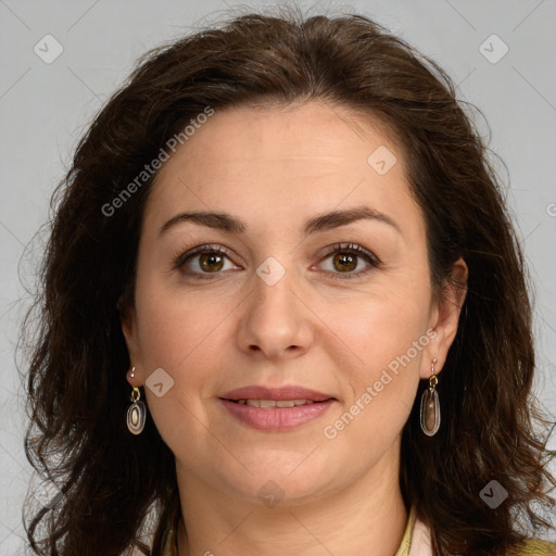 Joyful white young-adult female with long  brown hair and green eyes