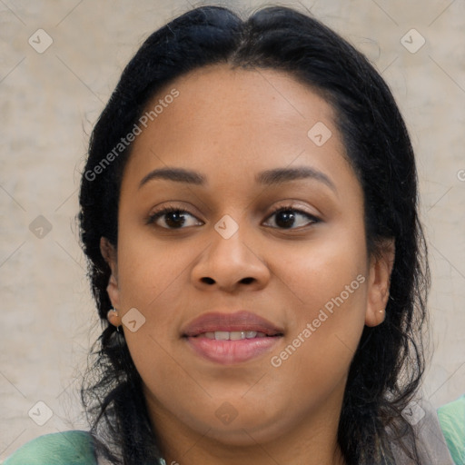 Joyful asian young-adult female with medium  black hair and brown eyes