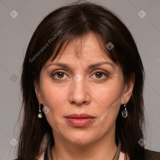 Neutral white young-adult female with medium  brown hair and grey eyes