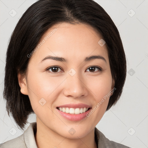 Joyful white young-adult female with medium  brown hair and brown eyes