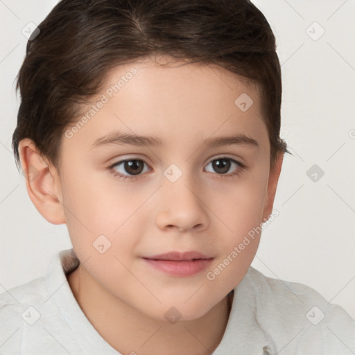 Joyful white child female with short  brown hair and brown eyes