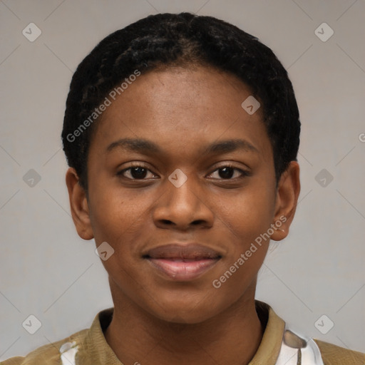 Joyful black young-adult female with short  black hair and brown eyes