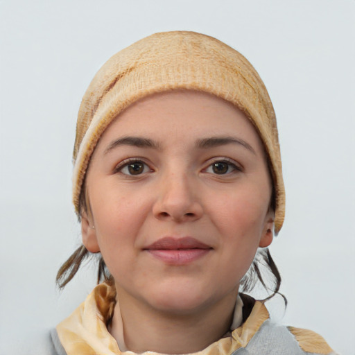 Neutral white young-adult female with short  brown hair and brown eyes