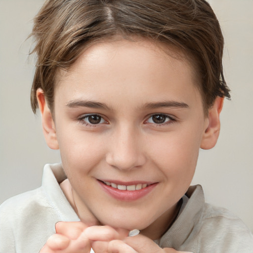 Joyful white child female with short  brown hair and brown eyes