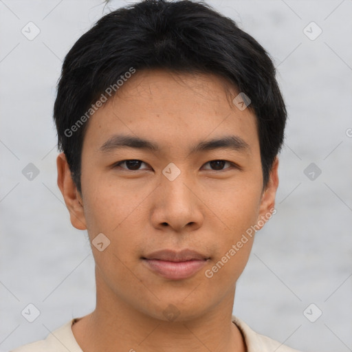 Neutral asian young-adult male with short  brown hair and brown eyes