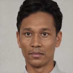 Neutral asian adult male with short  black hair and brown eyes