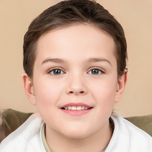 Joyful white child female with short  brown hair and brown eyes