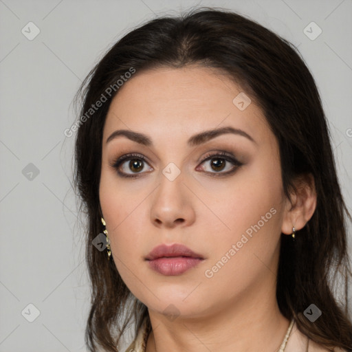 Neutral white young-adult female with long  brown hair and brown eyes