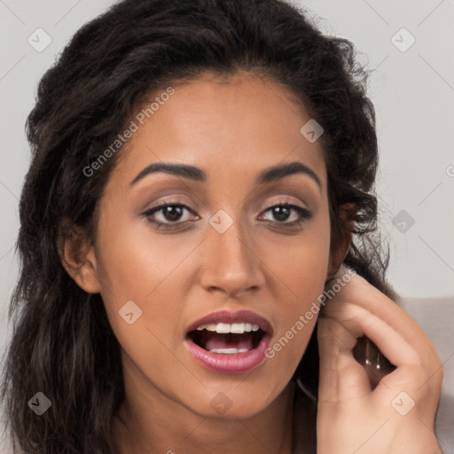 Joyful white young-adult female with long  brown hair and brown eyes