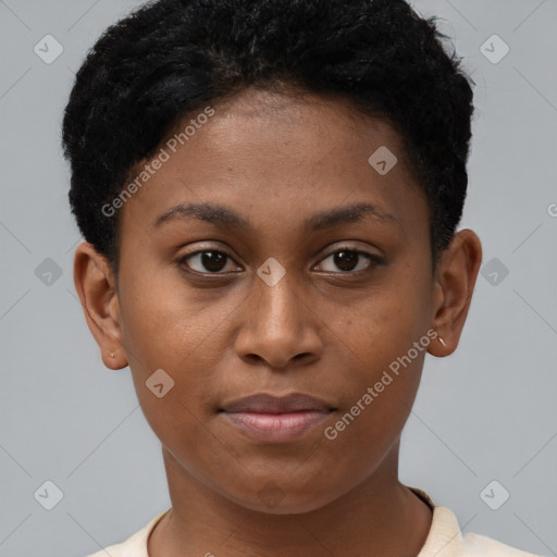 Joyful black young-adult female with short  brown hair and brown eyes