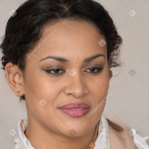 Joyful latino young-adult female with short  brown hair and brown eyes