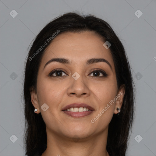 Joyful white young-adult female with long  brown hair and brown eyes