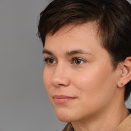 Neutral white young-adult female with short  brown hair and brown eyes