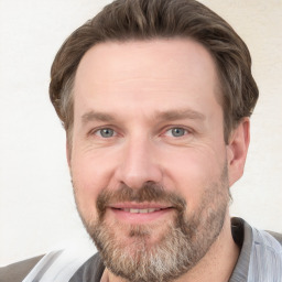 Joyful white adult male with short  brown hair and grey eyes