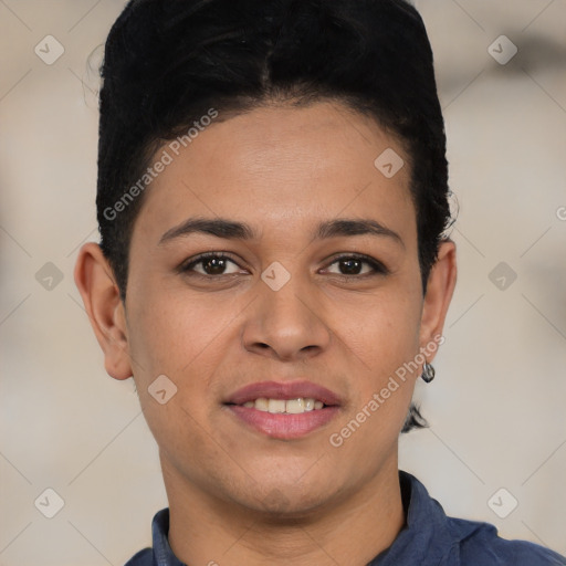 Joyful white young-adult female with short  brown hair and brown eyes