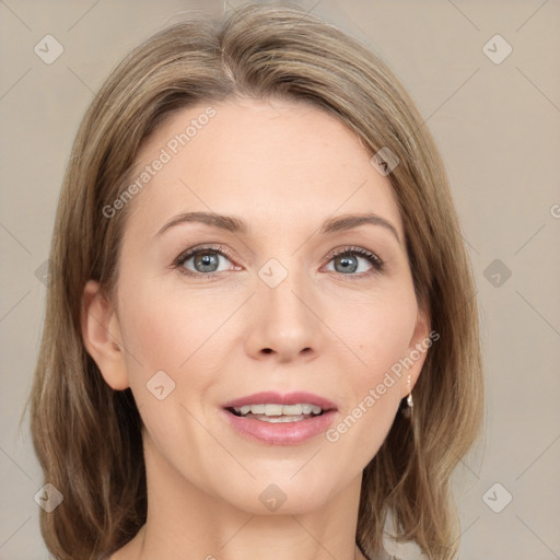 Joyful white young-adult female with medium  brown hair and green eyes