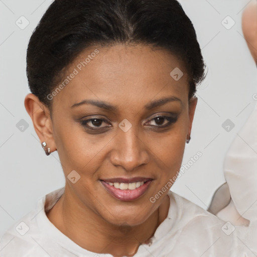 Joyful black young-adult female with short  brown hair and brown eyes