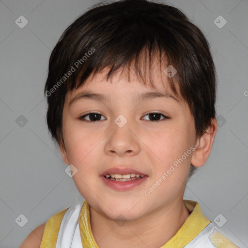 Joyful white child female with short  brown hair and brown eyes